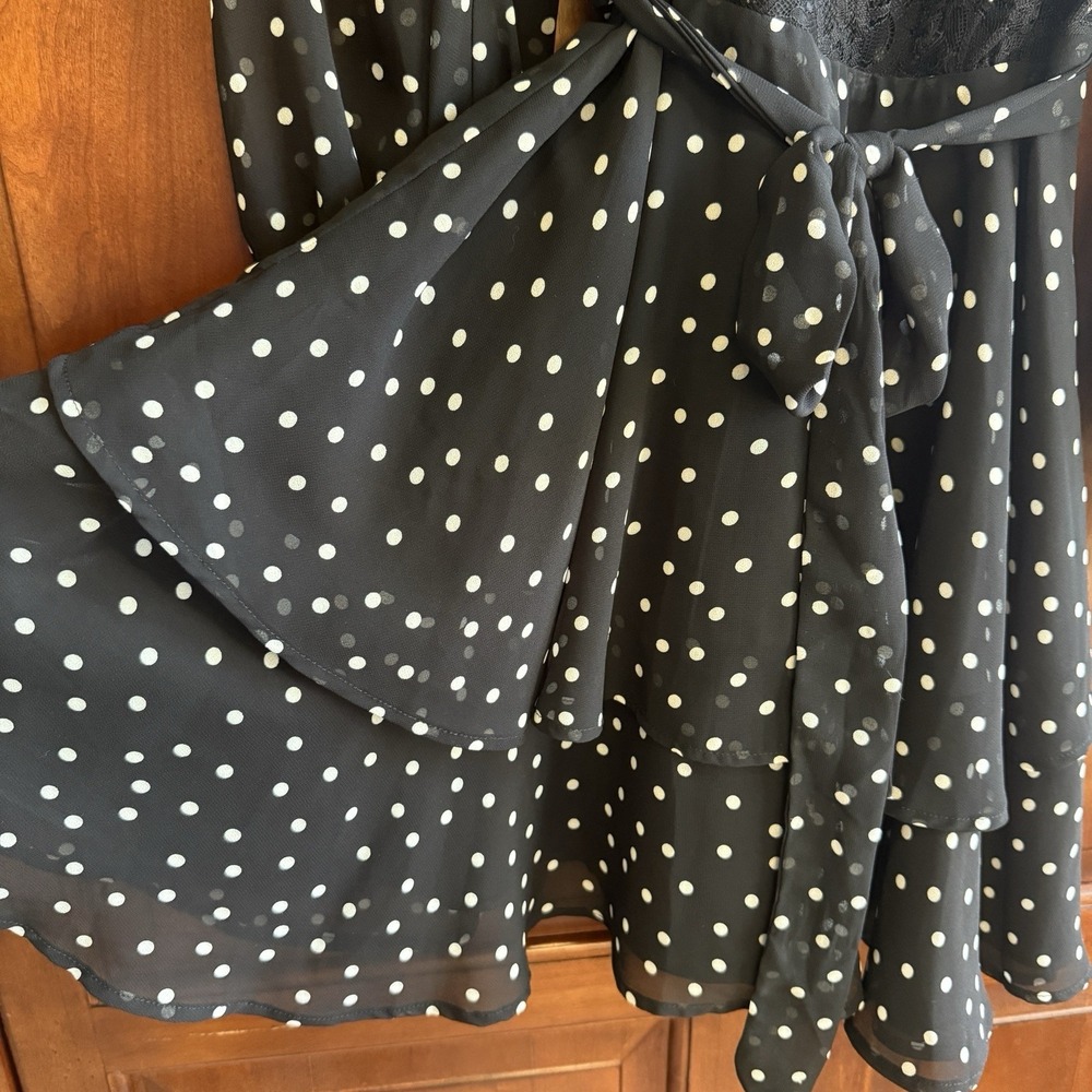 ASOS Black Polka Dot Mini Dress Size 8‎ Ruffle Skirt W/ Lace Trim Balloon Sleeve - Picture 3 of 7